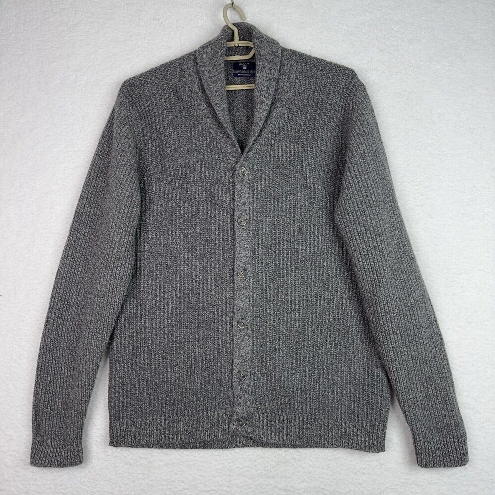 GANT Fisherman Cardigan Men 2XL Gray Lambswool Shawl Collar Grandpa Knit Sweater